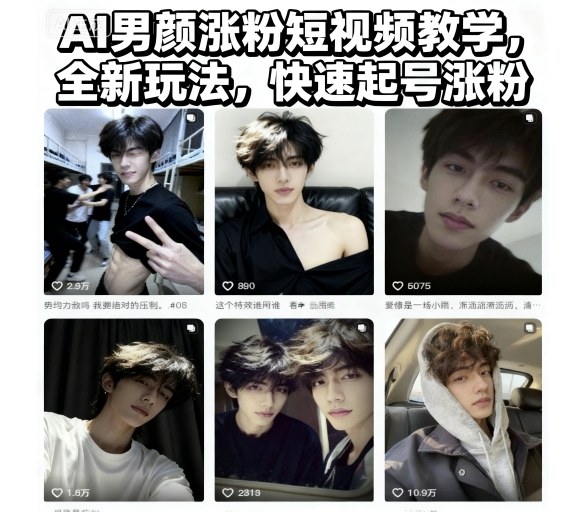 AI男颜涨粉短视频教学，全新玩法，快速起号涨粉-夜晚笔记