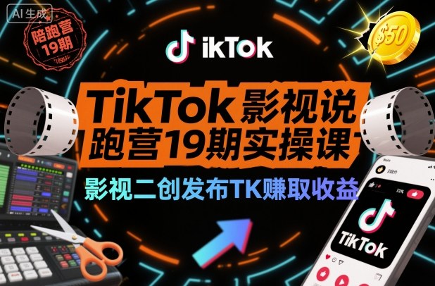 TikTok影视解说陪跑营19期实操课，影视二创发布TK賺取收益，万播收益50美金-夜晚笔记