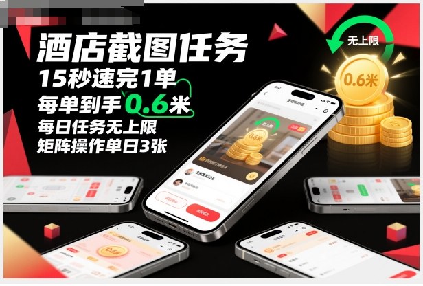 酒店截图任务,15秒速完1单,每单到手0.6米,每日任务无上限,全网首发玩法,矩阵操作单日3张【揭秘】-夜晚笔记