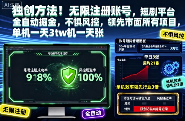 独创方法!无限注册账号,短剧平台全自动掘金,不惧风控,领先市面所有项目,单机一天3张【揭秘】-夜晚笔记