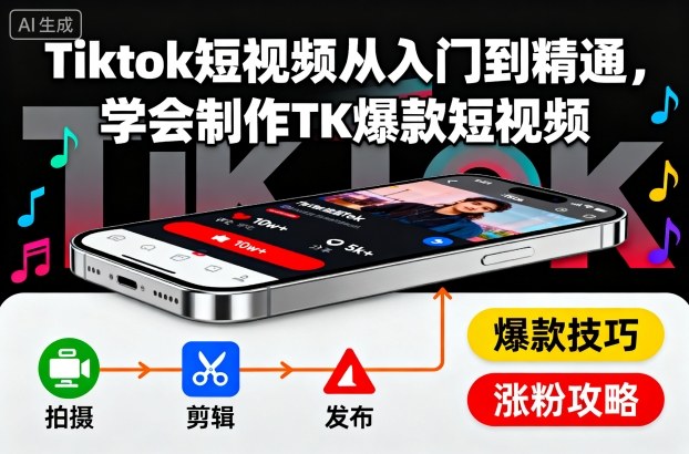 Tiktok短视频从入门到精通,学会制作TK爆款短视频-夜晚笔记