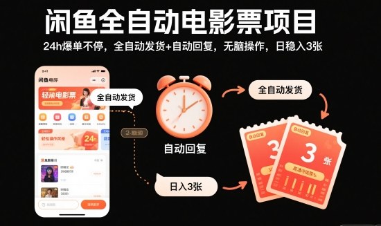 闲鱼全自动电影票项目，24h爆单不停，全自动发货+自动回复，无脑操作，日稳入3张【揭秘】-夜晚笔记