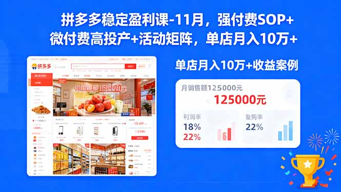 拼多多稳定盈利课-11月,强付费SOP+微付费高投产+活动矩阵,单店月入10万+-夜晚笔记