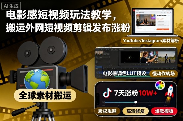 电影感短视频玩法教学，搬运外网短视频剪辑发布涨粉-夜晚笔记