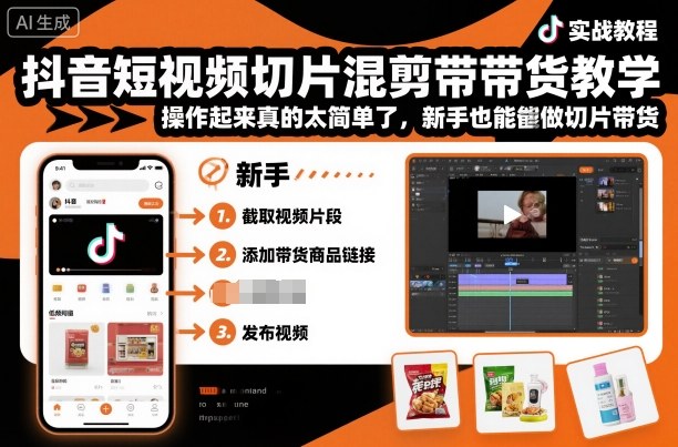 抖音短视频切片混剪带货教学,操作起来真的太简单了,新手也能做切片带货-夜晚笔记