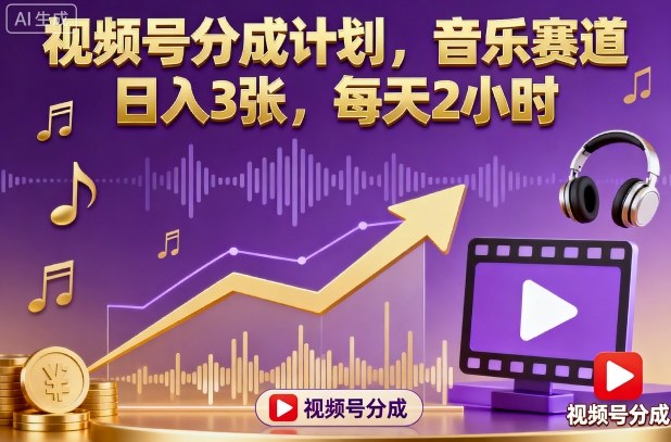 视频号分成计划，音乐赛道，日入3张，每天2小时-夜晚笔记