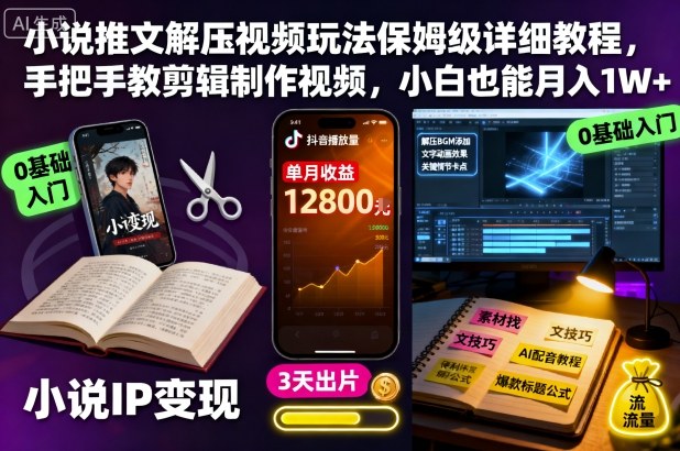 小说推文解压视频玩法保姆级详细教程，手把手教剪辑制作视频，小白也能月入1W+-夜晚笔记